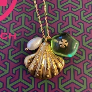 Tory Burch Charm Necklace Gold Shell Pearl Green Pendant Layering Necklace
